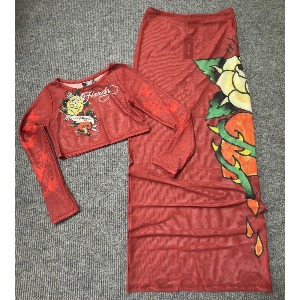Ed Hardy Women Large Red Mesh Cover Up Skirt Set Rose Tattoo Rhinestone Y2K NEW